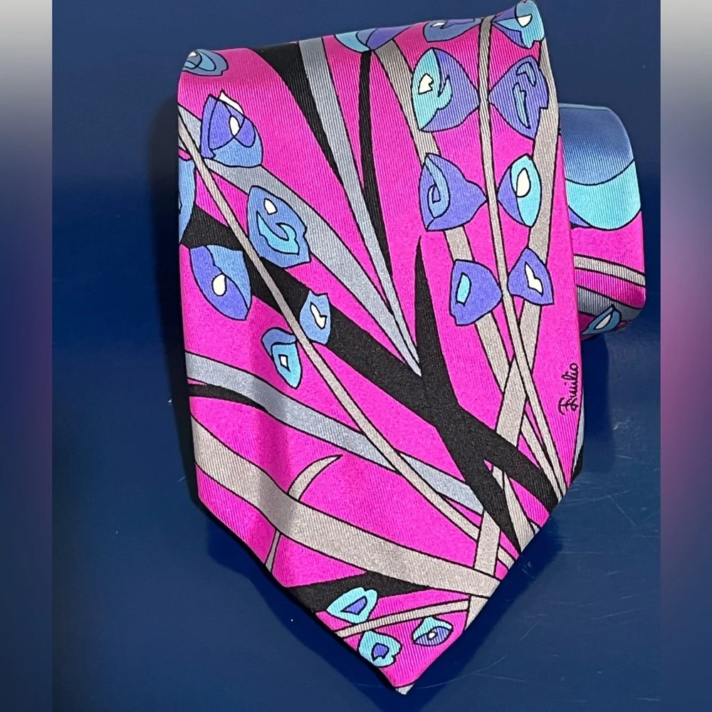 Emilio Pucci Floral Mens Tie Roland’s Silk Blue Pink Black Purple Vintage Italy